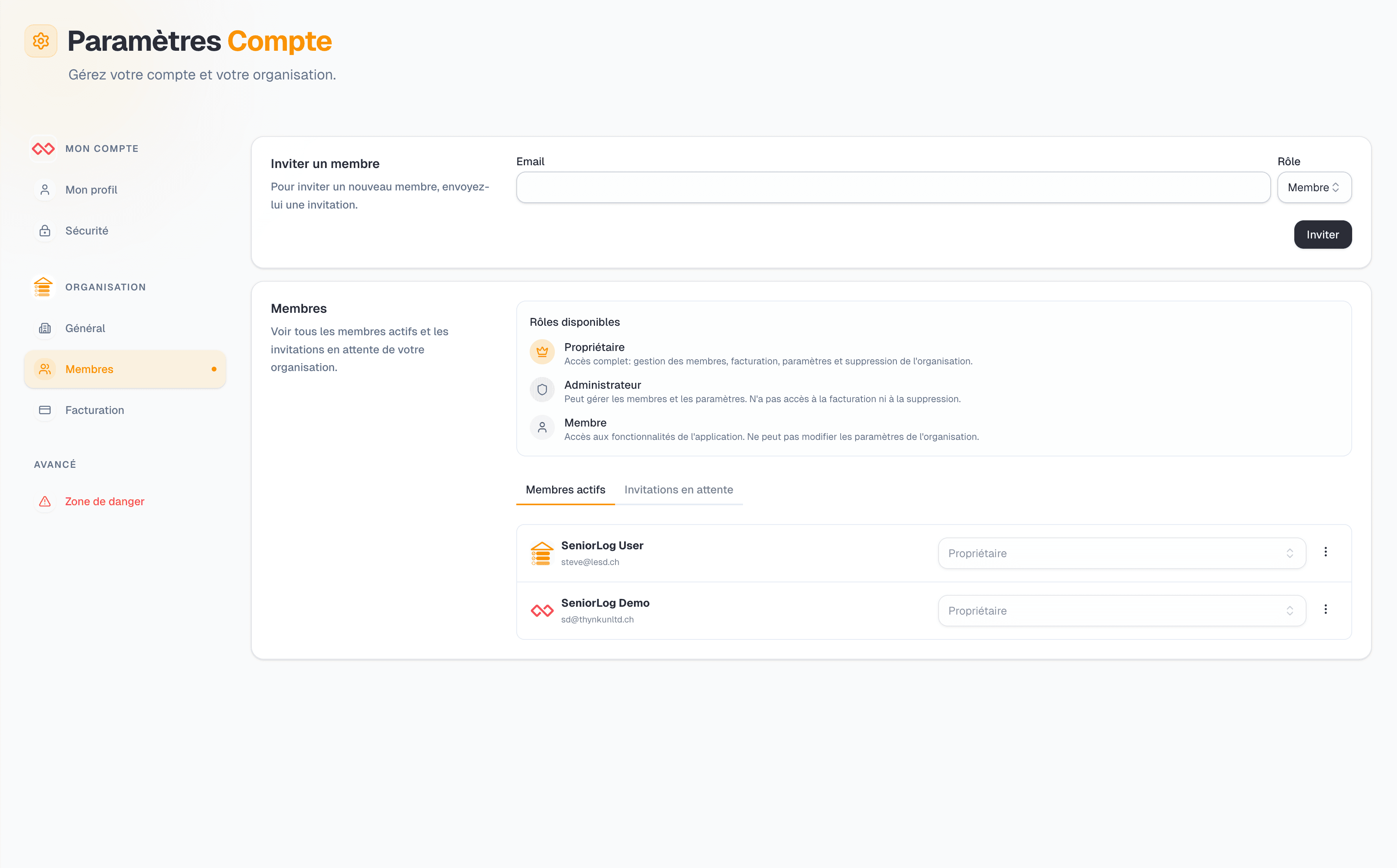 Paramètres d'une organisation dans SeniorLog