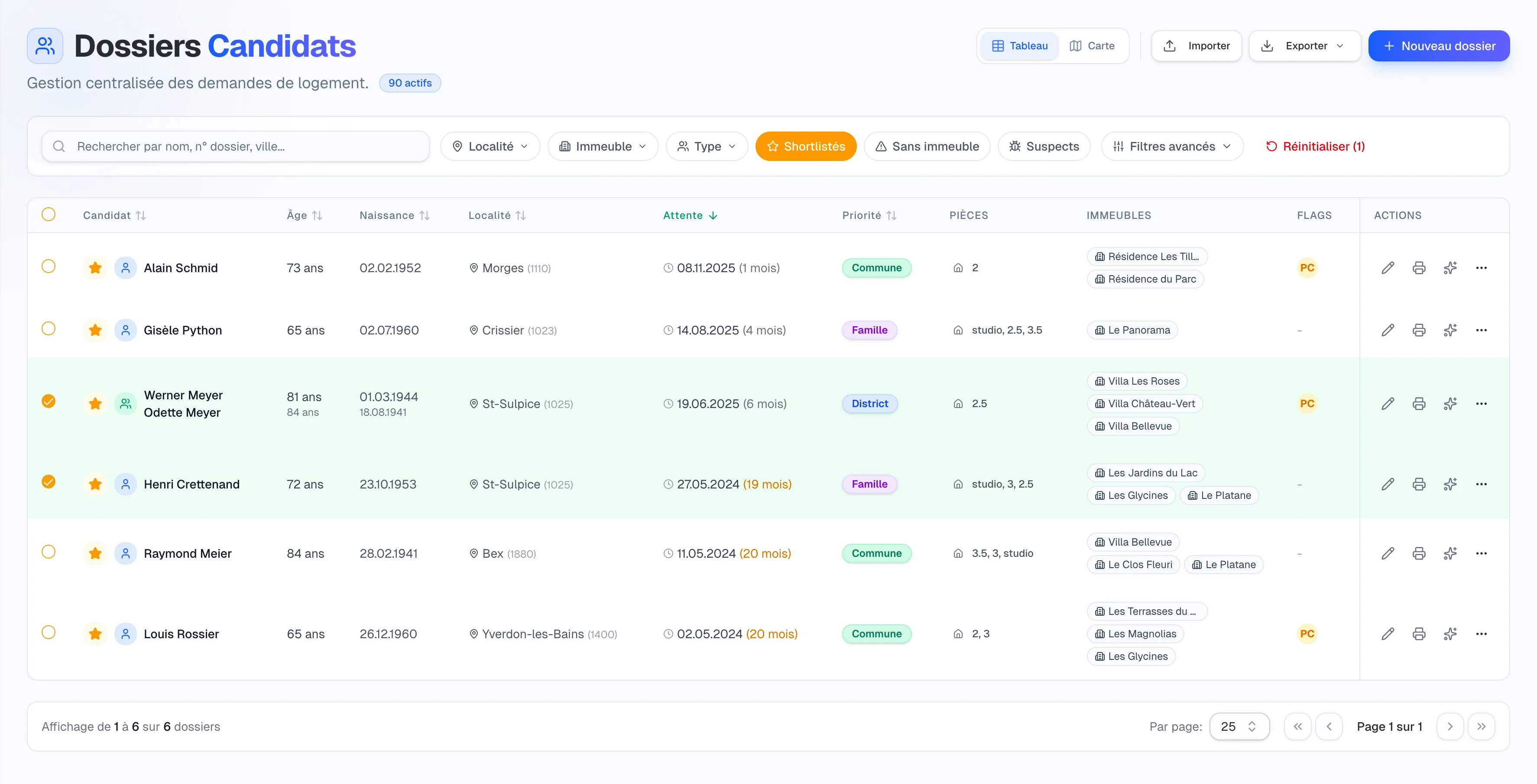 Interface de gestion des candidats SeniorLog