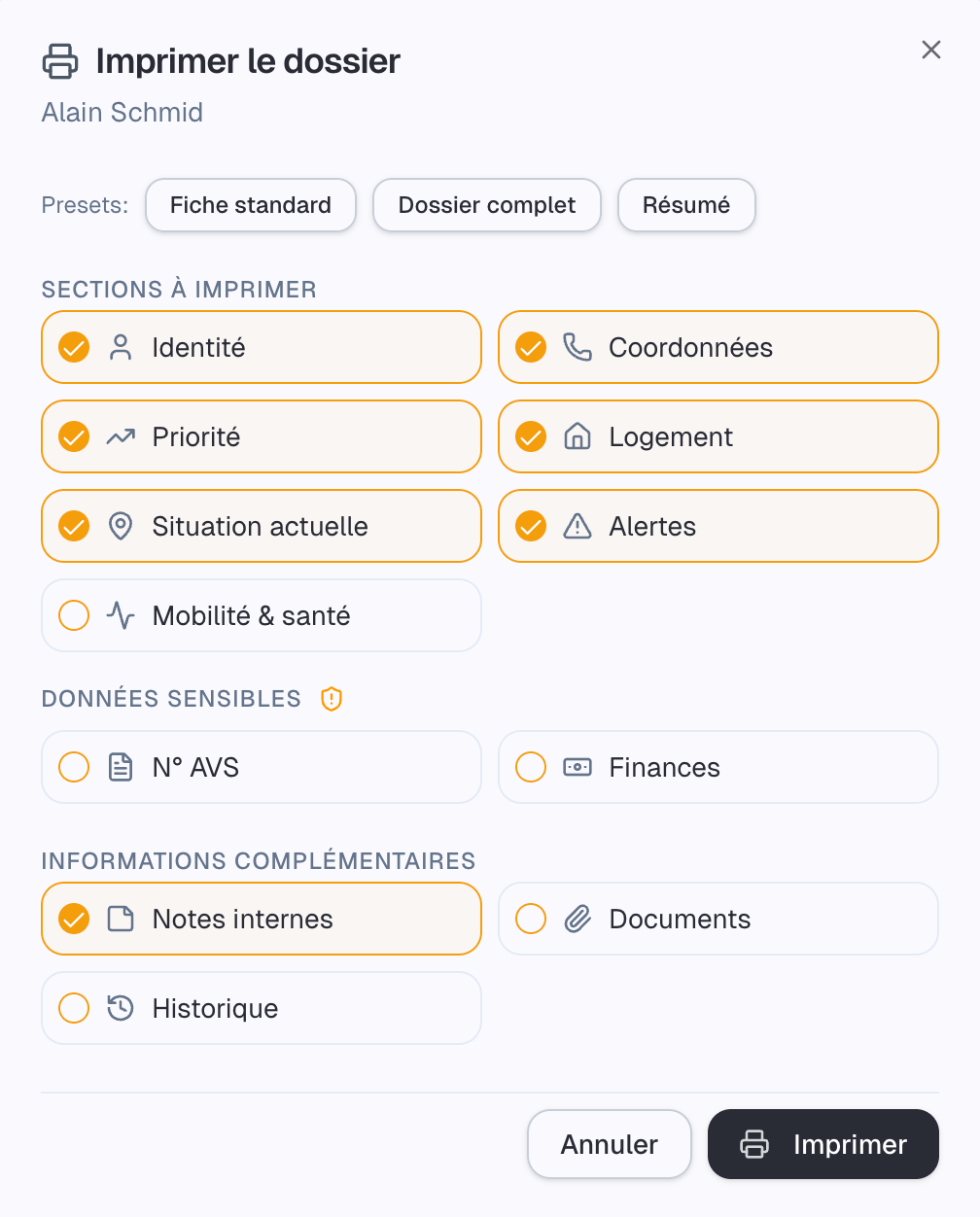 Aperçu impression fiche candidat SeniorLog